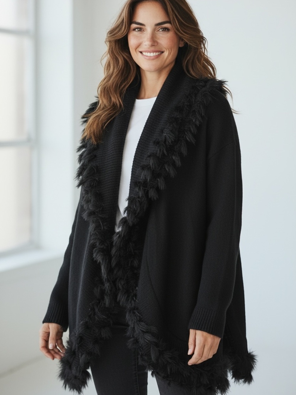 NWT Black Fox Fur Trim Open Wool Cardigan Sweater OS